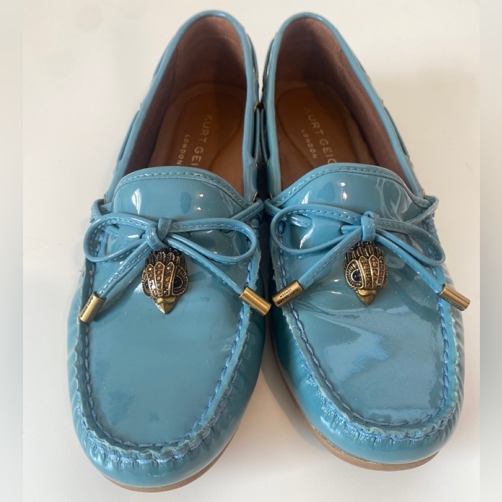 Kurt Geiger Teal Blue Patent Leather Boat Loafers Size 6